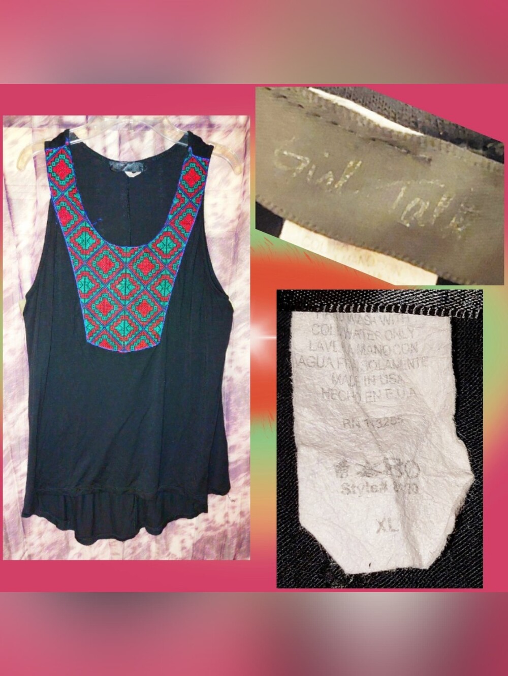 Girl Talk Blk w/Multiclr Embroidered Neckline Slvless Hi-Lo Knit Tank Top Sz XL